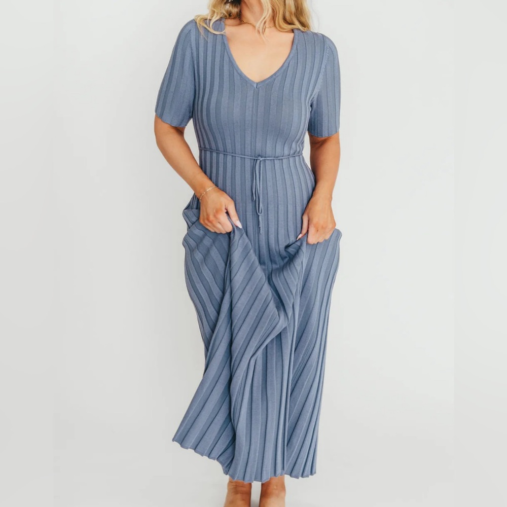 Oakley Blue Ribbed Knit Maxi Dress- Worth Collective